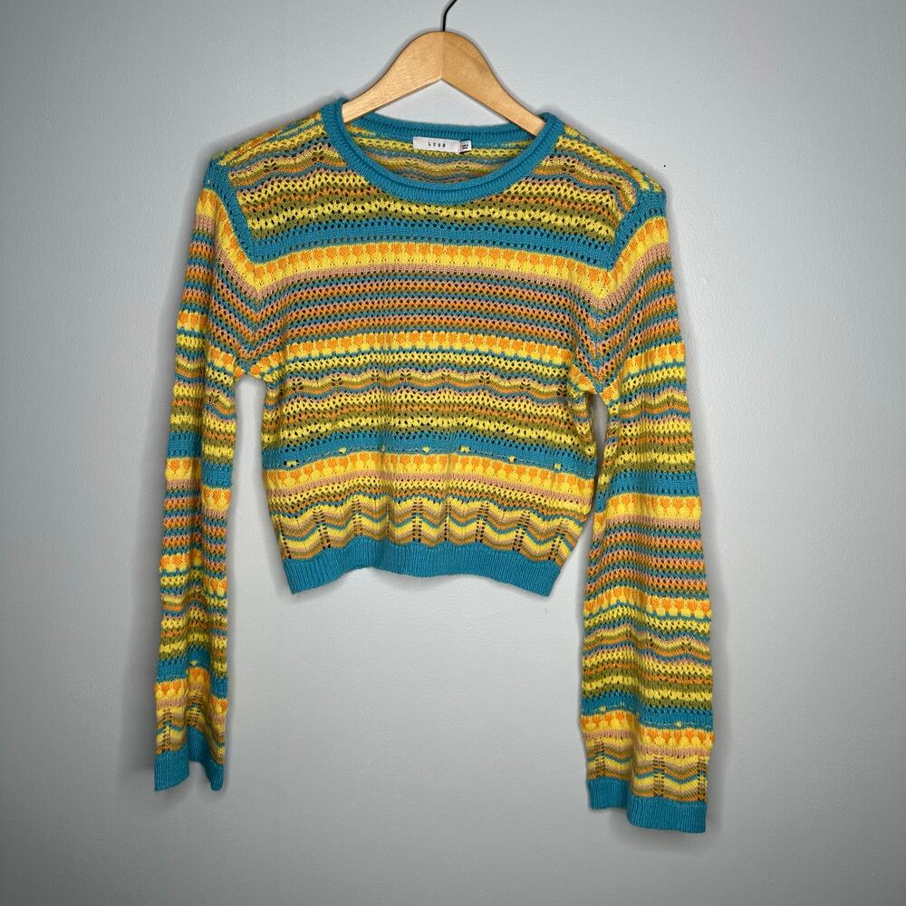 Lush Cropped Sweater Womens Medium Blue Yellow Multi EUC Striped Pointelle‎ Knit
